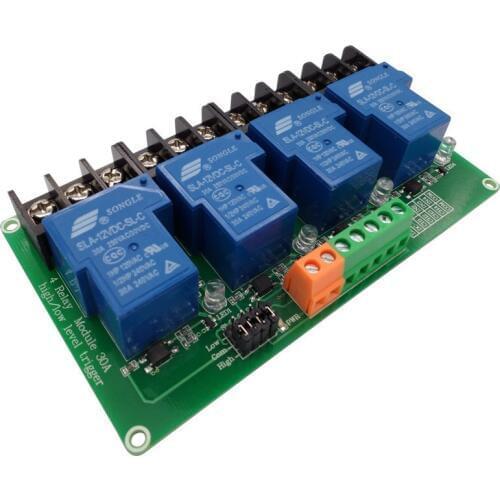 Four 4 channel relay module 30A with optocoupler isolation 5v 12v 24v supports high and low Triger trigger for Smart home