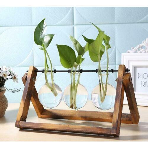 Wooden Stand Hydroponic Container Table Desktop Flower Pot Glass Transparent Glass Bulb Small Vase Home Garden Decor