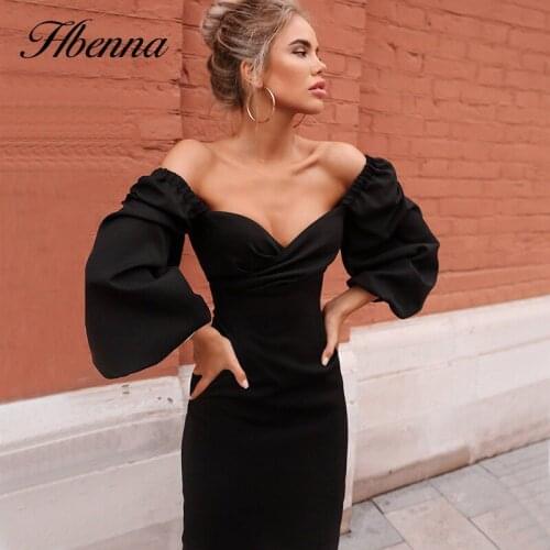Hbenna Elegant Dresses Women Puff Sleeve Knee-Length Dress Women Skinny Square Collar Sexy Party Dresses Solid Color Autumn 2021