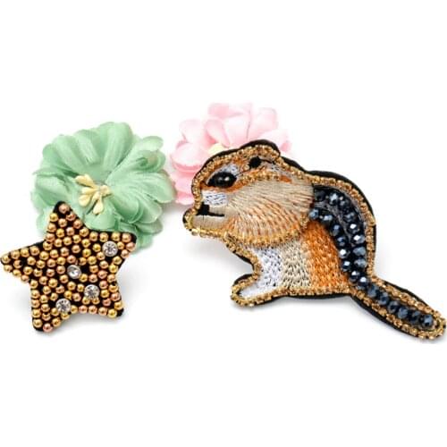 Fashion DIY Beaded Patches for Clothing Sew On Rhinestone Squirrel Parches Star Applique for Clothes Decorative Badge