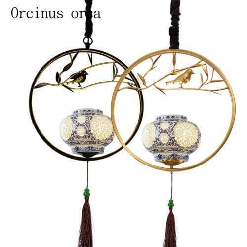 New Chinese blue and white porcelain chandeliers restaurant corridors modern simplicity Chinese wind art iron bird Chandelier