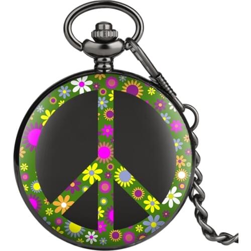 New Fashion Peace Symbol Pocket Watch Round Cross Chain Black Color Flowers Jewelry Gifts Chains and Fobs Clock for Men Women
