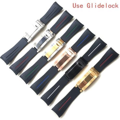 20mm New Black Curved End Silicone Rubber Watchband Replace For Role strap Daytona Submarine GMT Bracelet With Glidelock Clasp