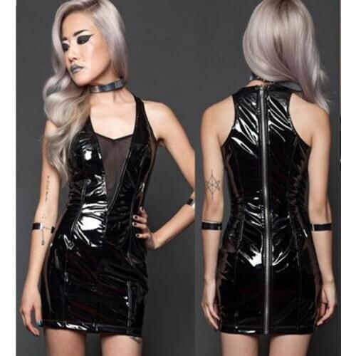 Sexy PVC Leather Wet Look Mini Dress Sleeveless With Zipper Bodycon Catsuit Bondage Clubwear Pole Dance Costume Sexy Latex Dress