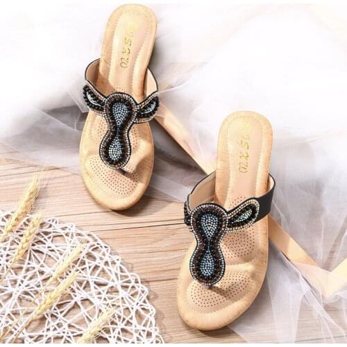 Outside Bohemia pearl crystal clip toe wedges slippers women flipflops shoes woman sandals beads metal rivets slip on slides2020