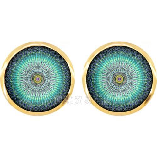 Glass Cabochon Stud Earrings Mandala Lotus Earrings For Women Om Symbol Buddhism Zen Henna Yoga Earring Jewelry For Women Girls