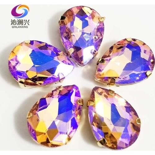 Super beauty Golden bottom water Red AB color DR shape Glass Crystal sew on claw rhinestones with holes,Diy Clothing accessories