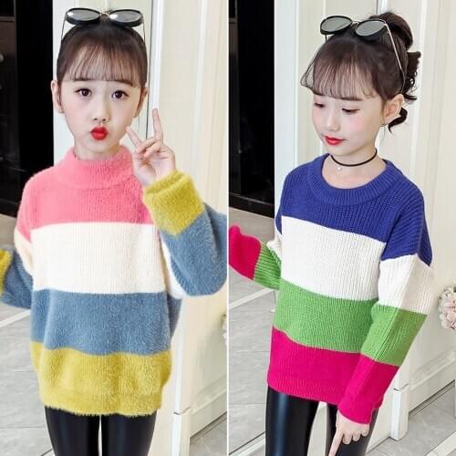Girls Striped Sweater O-Neck Stretch Sweater Contrasting Casual Bottoming Sweater Winter Clothes for Girls Knitted Sweater
