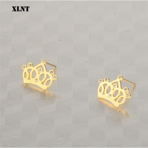 XLNT Fashion Jewelry Crown Women Classic Shining Zircon Small Stud Earrings Gold Color Ears Stud For Girl Crystal Earrings