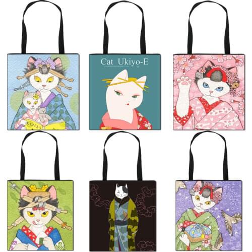 Japanese Cat Printed Tote Bag Linen Febric Casual Tote Foldable Shoulder Shopping Bag Bag Reusable Women Beach Bag