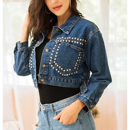 2020 New Plus Size Pearl Beading Short Denim Jackets Women White Wash Long Sleeve Vintage Casual Jean Jacket Bomber Denim Coat