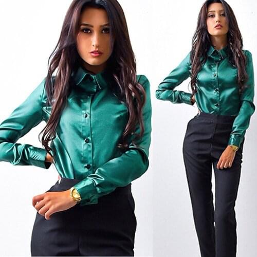Elegant Lady Satin Tops Shirt Women Long Sleeve Top Autumn Female Silk Blouse With Button Down Collar Shirts 2021 Fall Tops