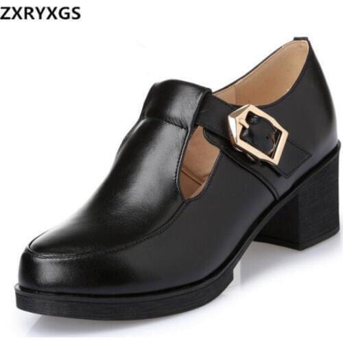 2019 Newest Spring Elegant Fashion Shoes Womens Shoes Shallow Mouth Plus Size Real Leather Shoes Casual Thick with High Heels