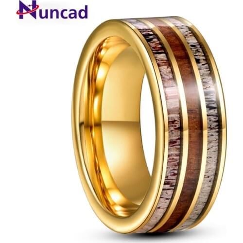 8mm Electric Gold Inlaid Deer Antler Wood Grain Tungsten Carbide Ring Mens Fashion Wedding Jewelry Gift AAA Quality
