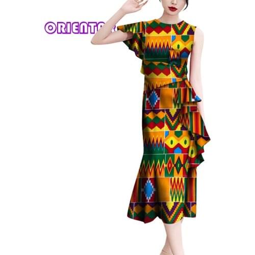 2020 African Clothes for Women African Print Midi Dress with Ruffles Lady Elegant African Clothing Party Dashiki Dress WY5700