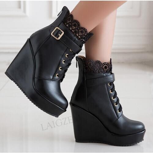 BERZIME Ankle Boots Platform Wedges Back Zip Faux Leather Booties Height Increase 2021 Winter Shoes Woman Large Size 38 39 43