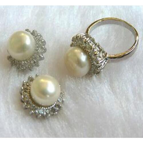 Free Shipping Fashion Noblest Natural White Akoya Cultured Pearl Ring + Earrings Set