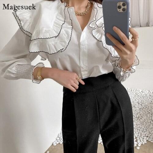 Fashion Elegant Cotton Women Blouse 2021 Long Sleeve Loose White Shirts Women Button Peter Pan Collar Vintage Tops Blusas 16722