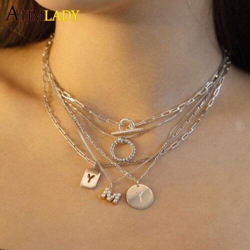 100% 925 Sterling Silver Simple Paper Clip Chain Jewelry Set Gold Color Toggle Clasp Open Link Chain Choker Necklace Jewelry