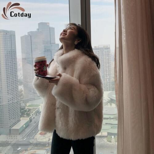 Cotday Loose Slim O-Neck Wool Sheep Shearing Coat Fashion Women Fur Coat Fur One Piece Short Small Stand Collar Ladies Coat