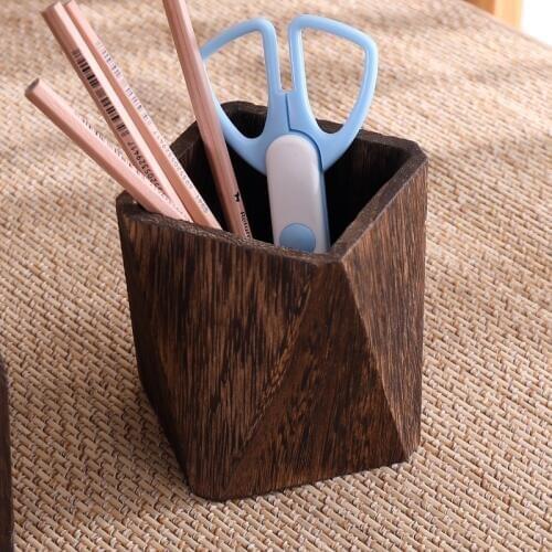 Solid wood pen holder retro student desktop stationery storage box simple makeup brush bucket office storage pen holder