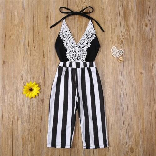 Children Deep V-neck Striped Romper Girls Sleeveless Hollow Out Sling Jumpsuit for Summer 1-6Years