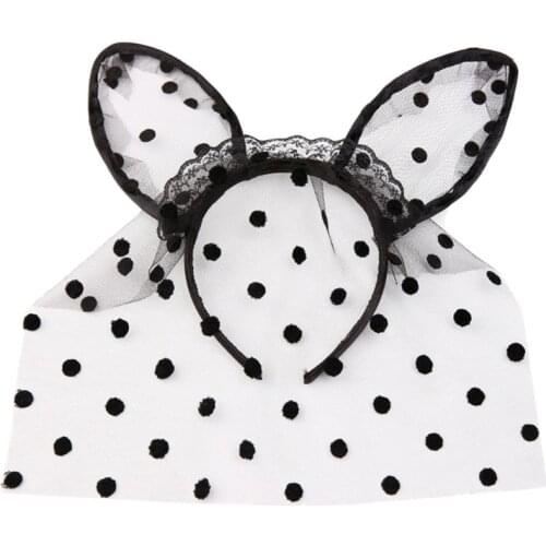 Women Sexy Mesh Cat Ears Headband Ruffles Lace Polka Dot Black Mask Veil Hair Hoop Halloween Cosplay Party Headpiece