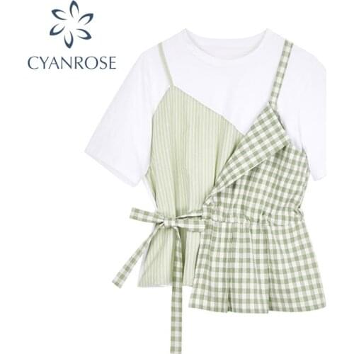 Fake 2 Piece T Shirt Women Plaid Stitching Lace-Up Short Sleeve T-shirt 2021 Summer Skinny Elegant T-Shirt Female Korean Style