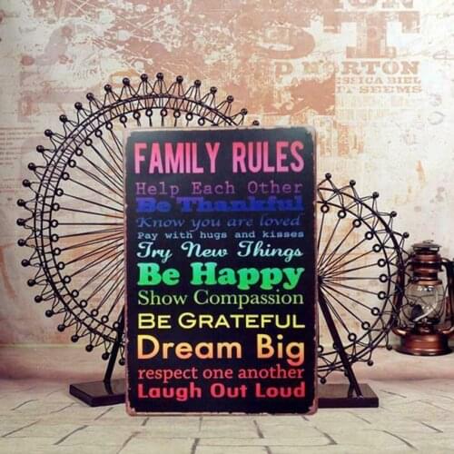 Metal Sign Tin Poster FAMILY RULES Tavern Chic Plaque Retro Home Wall Decor