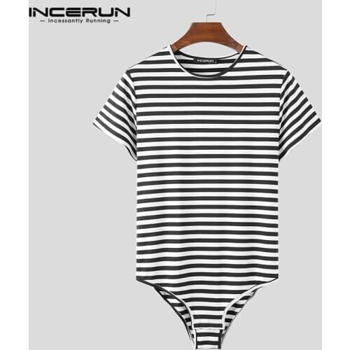 Men Fashion Sexy Fitness Mens T-shirt INCERUN 2021 Men Striped Bodysuit T Shirt Leisure Short Sleeve Round Neck Rompers Tops 5XL