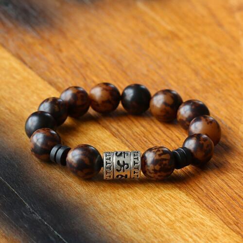 12mm Tiger Spot Bodhi Seeds Om Mantra Charm For Men Tibetan Buddhism Natrual Wood Hand Made Bracelet for Friends