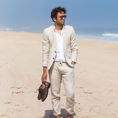 ANNIEBRITNEY Beige 2 Piece Men Slim Fit Business Linen Summer Suit 2020 Summer Groom Wedding Tuxedo Tailor Made Casual Men Suit