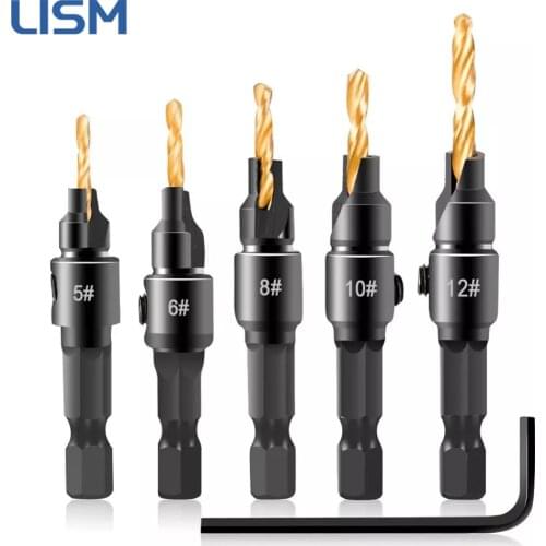 5 Pcs HSS Drill Bit Countersink Wood Drill Bit Set Cordless Step Drill Pilot Holes Bits for Metal Woodworking #5 #6 #8 #10 #12