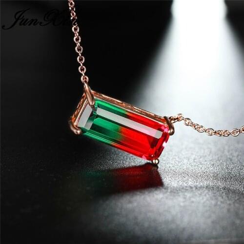 Single Stone Rainbow Fire Crystal Rectangle Pendant Rose Gold Chain Necklaces For Women Green Red Zircon Wedding Choker Jewelry