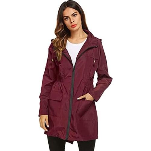2021 Autumn Women Raincoat Transition Jacket Auitumn Winer Solid Zipper Pocket Hooded Windbreaker Water Proof Long Trench Coats