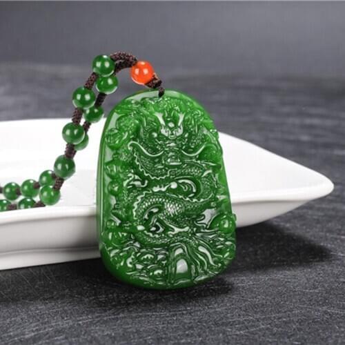Green Jade Dragon Pendant Beads Necklace Natural Chinese Carved Jadeite Jewelry Charm Amulet Fashion Gifts for Women