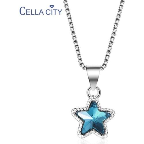 Cellacity Blue Crystal Pendant Necklace for Women Charms Silver 925 Jewelry Classic Star shaped Clavicle Chain Christmas gift