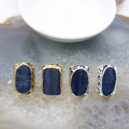 Natural Kyanite Adjustable Fashion Rings,Shiny Gem Freedom Shaped Blue Kyanite Trendy Men Women Golded/Silvery Plated Rings
