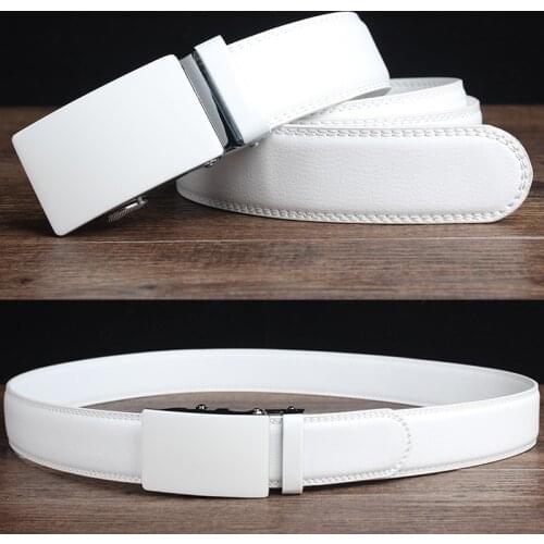 Golf Belt Waistband Strap with Automatic Mens White Black Leather Alloy Buckle New Solid Color Fashion Trend
