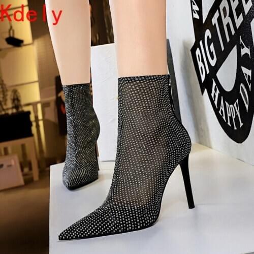 Luxury Rhinestone Lace Women boots Elegant Thin heeled Pointed toe Ankle boots Spring Autumn High heels Sock boots Female Shoes