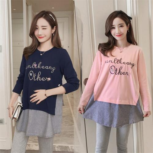 6101# 2018 Autumn Korean Fashion Maternity Shirts A Line Loose Patchwork Clothes for Pregnant Women Long Sleeve Pregnancy Tops