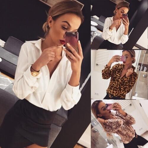 Womens Slim Long Sleeve Loose Single Breasted Shirt Top Polyester Printed Cardigan Long Sleeve Lapel Large Size Chiffon Shirt