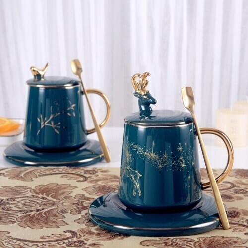 Nordic Luxury Coffee Mug Ceramic Spoon with Lid Creative Handmade Large Capacity Esspresso Cups Tasse Kitchen Drinkware DB60MK