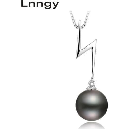 Lnngy 925 Sterling Silver Women lightning Pendants Natural South Black Tahiti Pearl 10mm Round Pearl Girl Necklace Pendants Gift