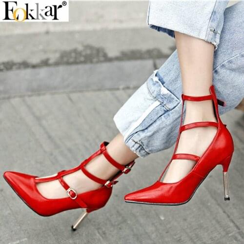 Eokkar 2019 Fashion 9cm Thin High Heel Office Lady Stilettos Pumps Pointed Toe Buckle Dress Wedding Shoes For Lady Size 34-43