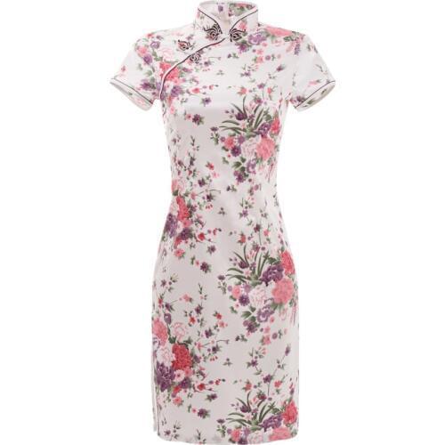 White Chinese Lady Sexy Cheongsam Print Flower Mini Qipao Traditioanl Casual Dress For Women Mandarin Collar Oversize 6XL