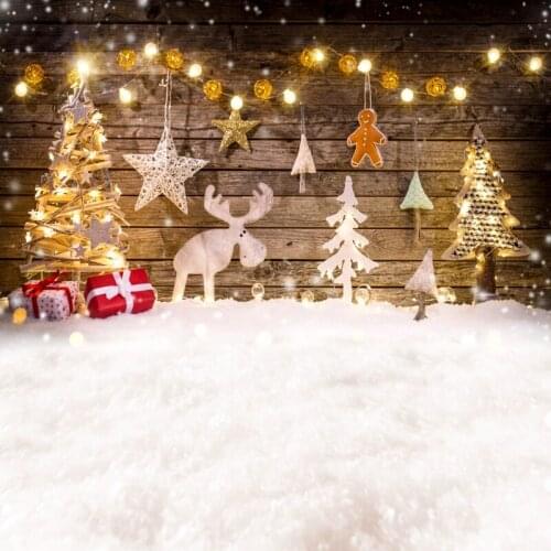 Winter Christmas Backdrops For Photography Cartoon Forest Tree Deer Glitter Light Bulbs Wood Wall Snowfield Snowflake Background