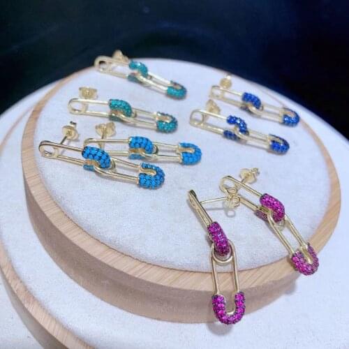 4 Pairs, Unique Paperclip Safety Pin Stud Full Micro Pave Cz Sparking Bling European Unusual 2021 New Cubic Zircon Earring