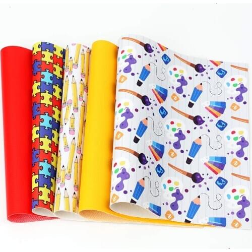 Xugar 5pcs 22*30cm Back To School Faux Leather Fabric For Bows Cartoon Printed Synthetic Fabric Sheets DIY Crafts Accessories