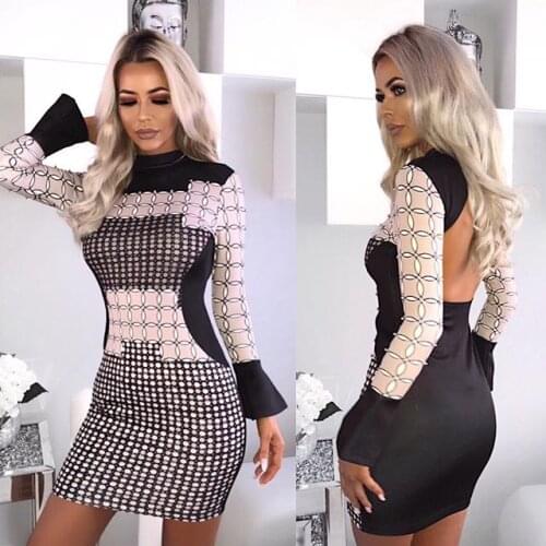 Babatique 2020 New Fashion Women Designer Patchwork Sexy Long Sleeve Rayon Dresss Ladies Backless Mini Party Dress Vestidos